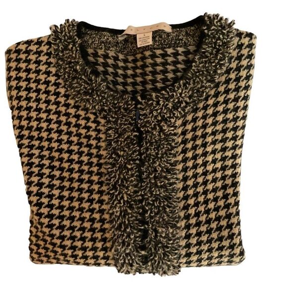 Belford Cardigan Cashmere Black Tan Houndstooth Loop Fringe Trim Zip Front Large - Picture 4 of 10